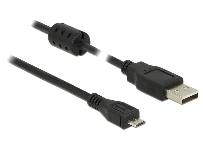 Delock USB 2.0-Kabel mit Ferritkern USB A - Micro-USB B 5 m, Kabeltyp:  Daten- und Ladekabel, Detailfarbe: Schwarz, USB Standard: 2.0 (480 Mbps),  Länge: 5 m, USB Anschluss 2 (Endgerät): Micro-USB B